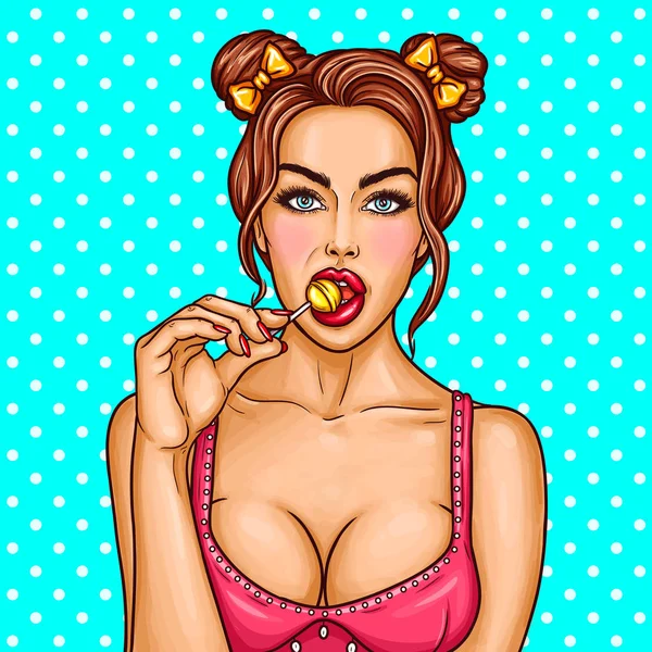 Pop art pin up joven sexy chica chupa piruleta — Archivo Imágenes Vectoriales