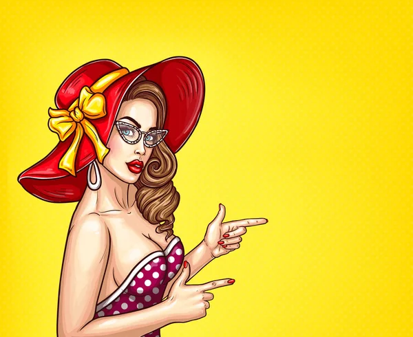 Vector pop art pin up ilustración de una chica sexy en un sombrero de lujo y gafas apunta a algo — Vector de stock