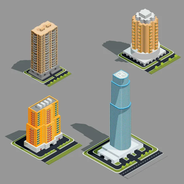 Ilustrações 3D isométricas vetoriais de edifícios urbanos modernos —  Vetores de Stock