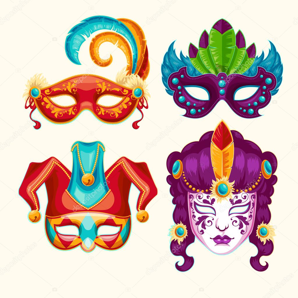 Collection of cartoon carnival masks decorated with feathers and rhinestones