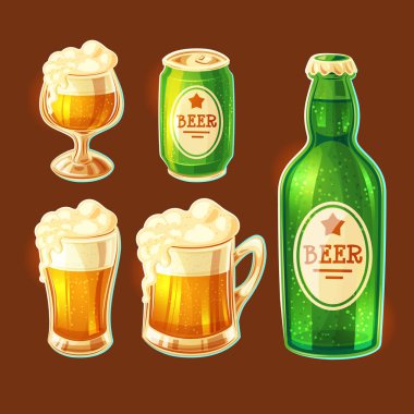 Vektör kümesi karikatür şişeleme ve bira depolamak için çeşitli ambalaj