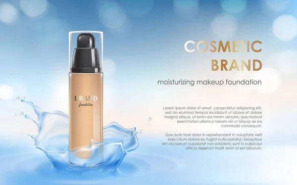 Hydraterende colorstay make-up in elegante verpakking op een achtergrond van water splash — Stockvector
