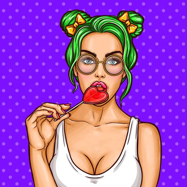 Pop art pin up young sexy punk girl sucks lollipop - Stok Vektor