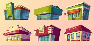 Karikatür çizimler retro ve modern süpermarket, Kahve Dükkanı, pizzacı