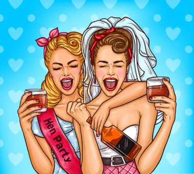 Vektör pop sanat çizim iki hevesli seksi kadın tavuk taraf kutluyor