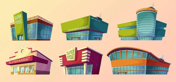 Illustrazioni dei cartoni animati retrò e moderno supermercato — Vettoriale Stock