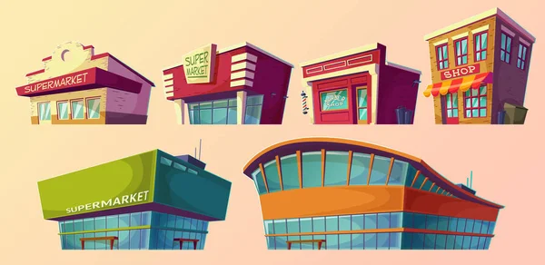 Dibujos animados ilustraciones retro y moderno supermercado, peluquería — Vector de stock