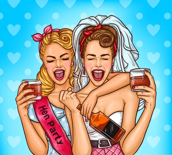 Vector pop art illustration of two enthusiastic sexy women celebrating a hen-party — Stock Vector