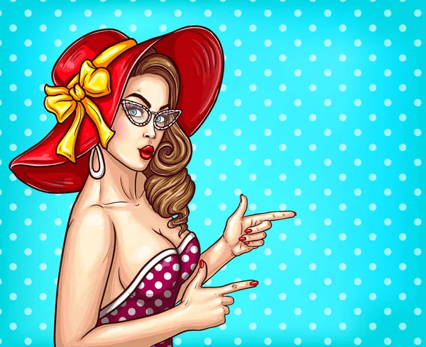 Διάνυσμα pop art pin up εικόνα ενός σέξι κορίτσι σε ένα πολυτελές καπέλο και γυαλιά σημεία σε κάτι — Διανυσματικό Αρχείο