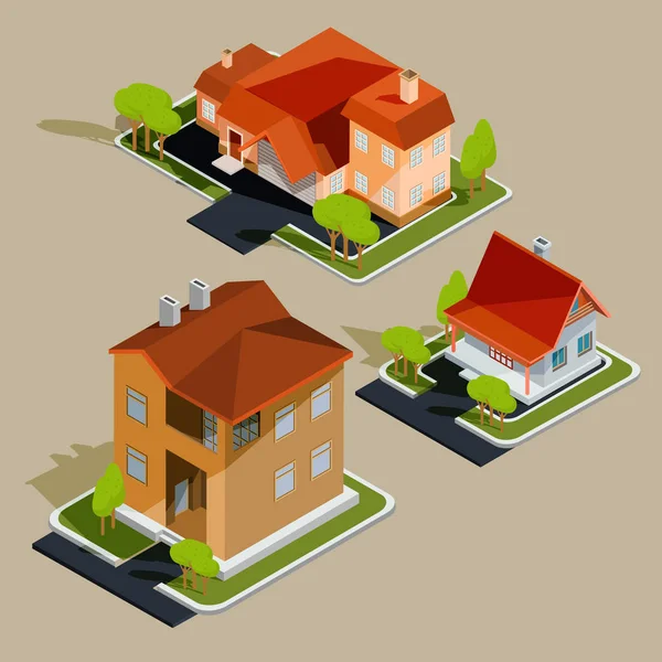Set of vector isometric residential houses, cottages — Stock Vector