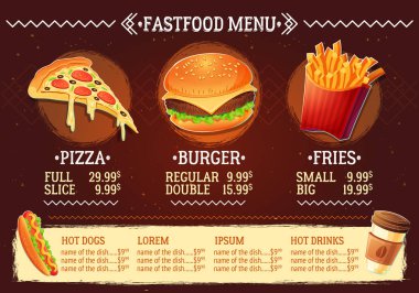 Vektör karikatür çizim tasarım fast food Restoran Menü