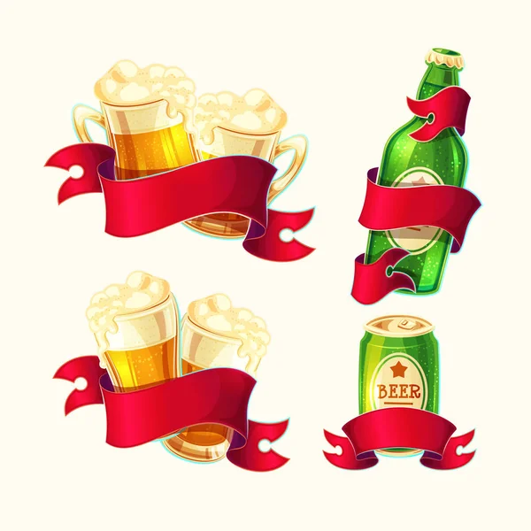 Conjunto de ilustraciones de dibujos animados aislados vector vasos de cerveza, botella de vidrio, lata de aluminio con cinta roja . — Vector de stock