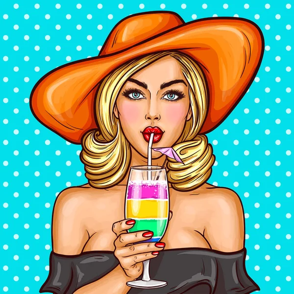 Geniş ekledi şapkalı kız seksi pop sanat bir saman onun kokteyl içer — Stok Vektör