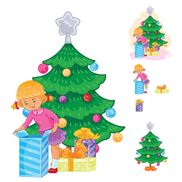 Conjunto de iconos niña abriendo regalos de Navidad — Vector de stock