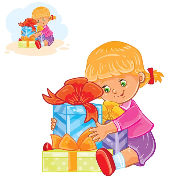 Vector εικονογράφηση μικρό κορίτσι πρόκειται να ανοίξει δώρα — Διανυσματικό Αρχείο