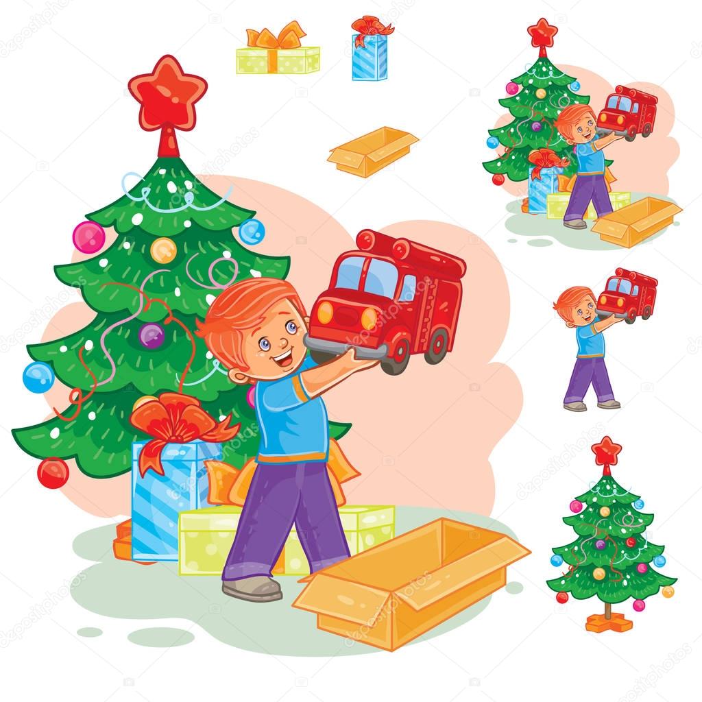 Vector illustration little boy opening Christmas presents near the New Year tree