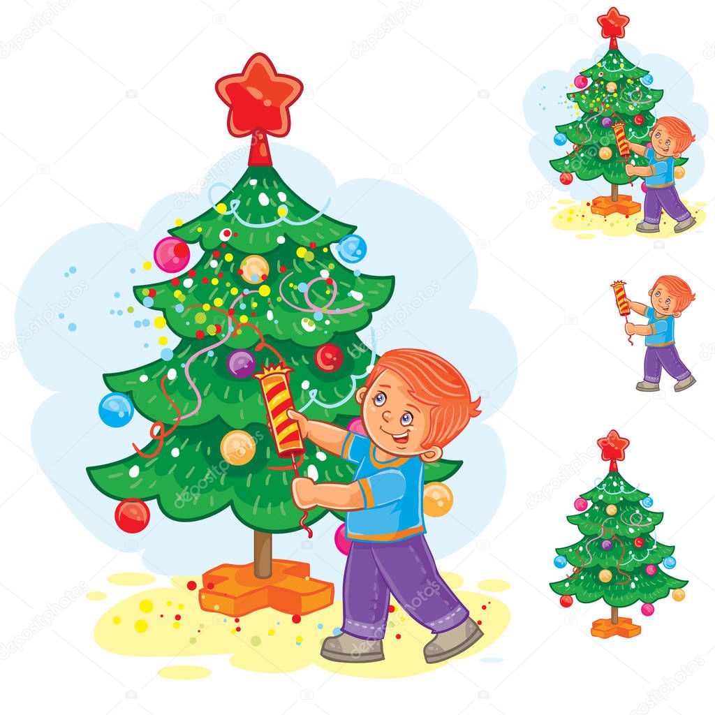 Vector illustration little boy stands near the Christmas tree and holds a Christmas cracker in his hands