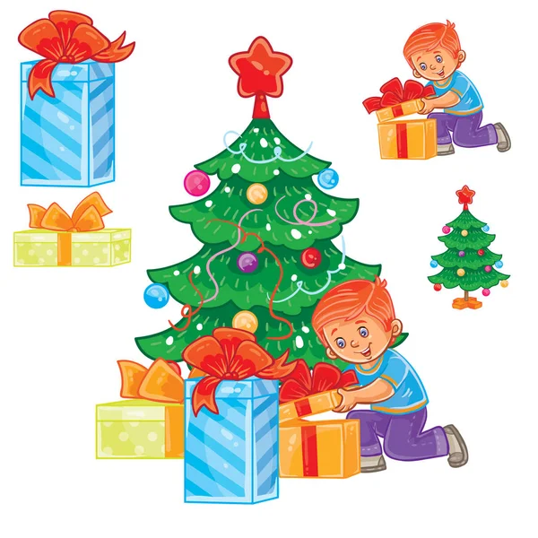 Маленький мальчик открывает рождественские подарки — стоковый вектор