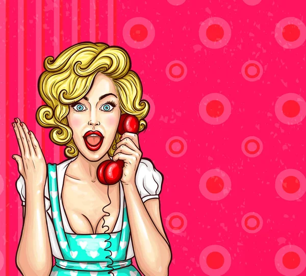 Illustration pop art vectorielle d'une femme blonde surprise excitée avec un récepteur téléphonique à la main . — Image vectorielle