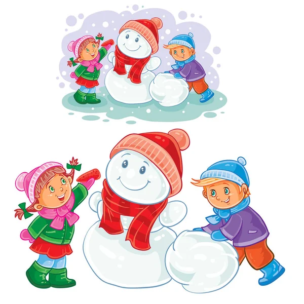 Winter illustration of small children make snowmen. — Stock Vector
