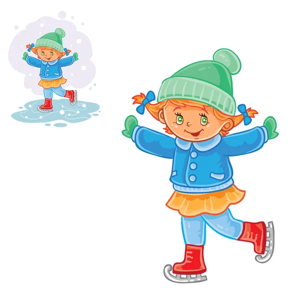 Vector winter illustration of small girl ice skating — Stock Vector