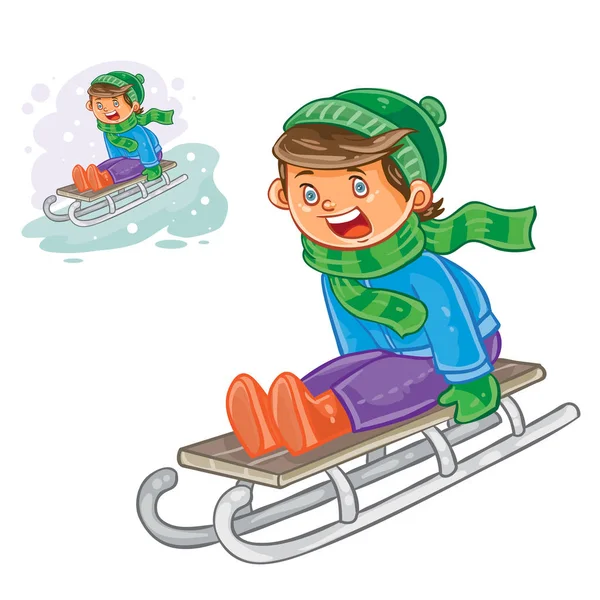 Ilustracja wektorowa zima mały chłopiec na sankach — Wektor stockowy