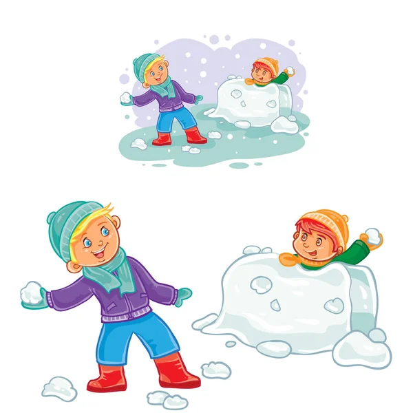 Vector illustration of little children playing outdoors in winter — Stock Vector