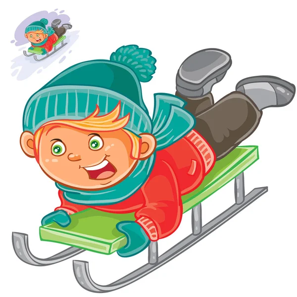 Little child slides on a sled — Stock Vector