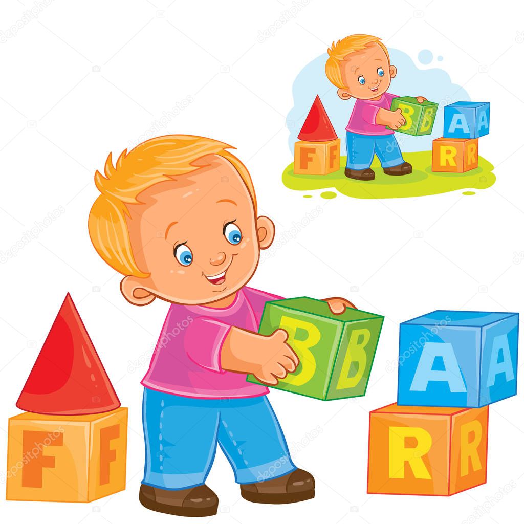 Vector illustration little boy playing with blocks. Print