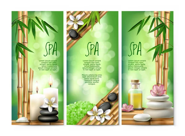 Vektor bannerek a spa kezelések aromás só, masszázs olaj, gyertya. — Stock Vector