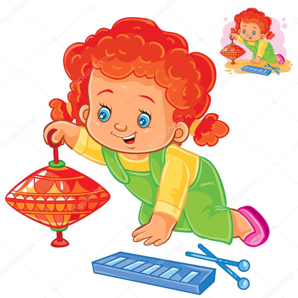 Vector illustration of small girl spinning top. Print