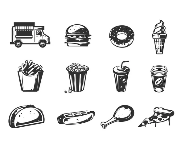 Векторные черные иконки - автомобиль с быстрой доставкой еды или продовольственного грузовика, набор икон различных фаст-фудов — стоковый вектор