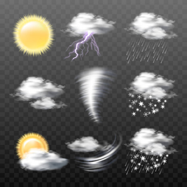 Set of vector realistic weather icons isolated on transparent background