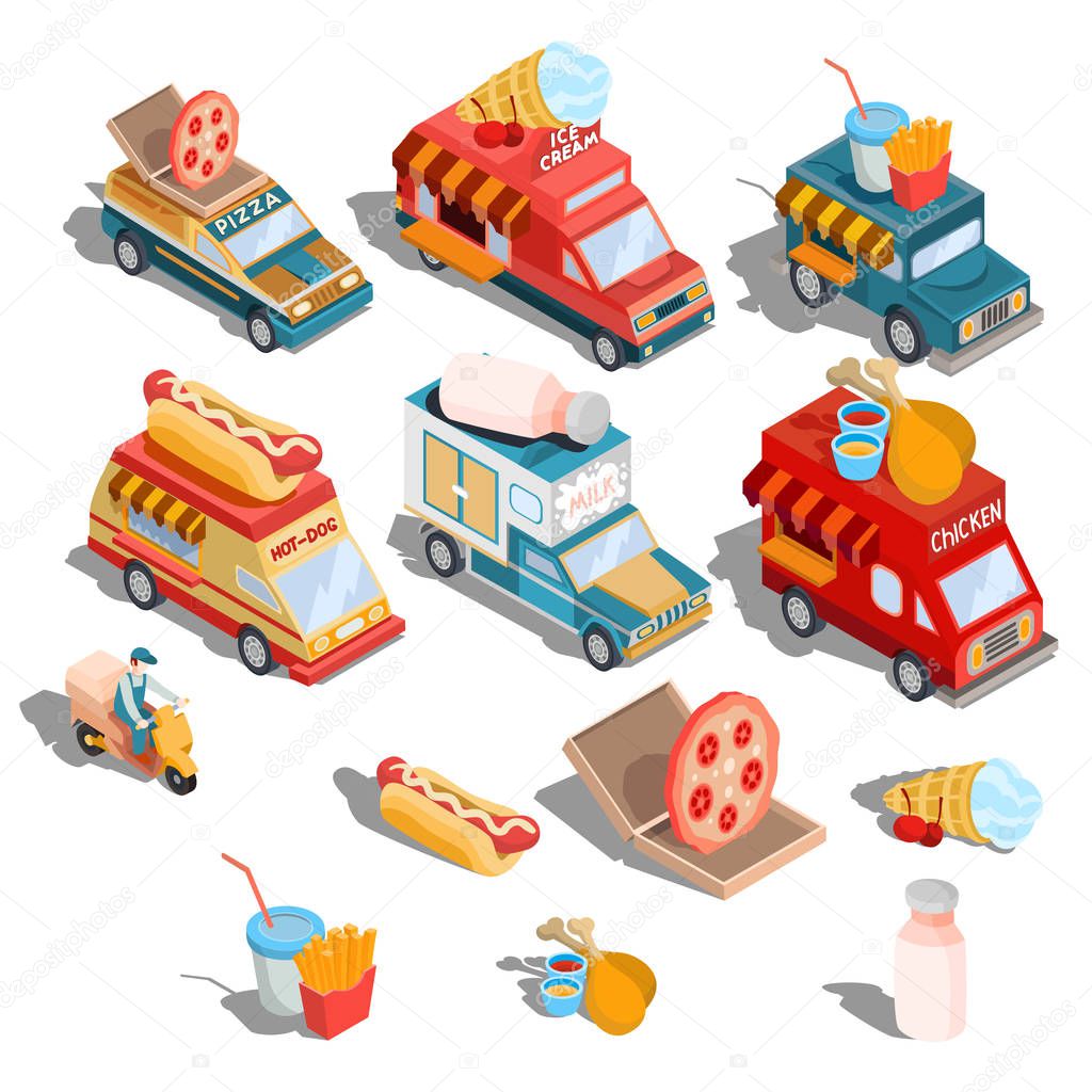 Isometric illustrations of cars fast delivery of food and food trucks - pizza, ice cream, hot dogs, milk