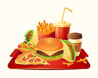 Fast food yemek geleneksel bir dizi vektör karikatür çizim