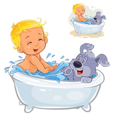 Köpeğiyle banyo ve su üzerinde tutam küçük bebek vektör