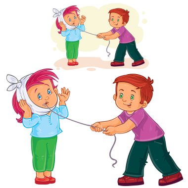 Küçük çocuk bir iplik ile hasta bir diş kaldırmak için başka bir çocuk yardım vektör.
