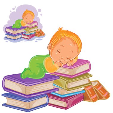 Küçük çocuk bir yığın kitap ile oynama ve üzerlerine uykuya kaydırıcıları vektör.