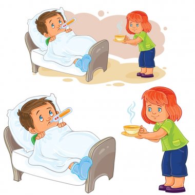 Vector little girl brought a hot drink to a little sick boy lying in bed.
