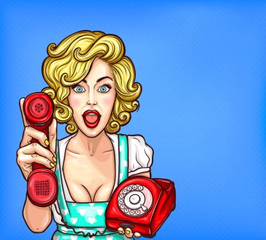 Pop art sarışın kız retro telefon iyi telefon müşteri hizmetleri tarafından sürpriz ile