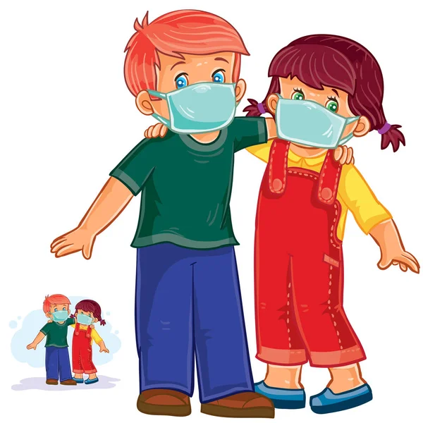 Vektor kisfiú és a lány az orvosi maszkok, a markolat és a hideg elleni védelem — Stock Vector