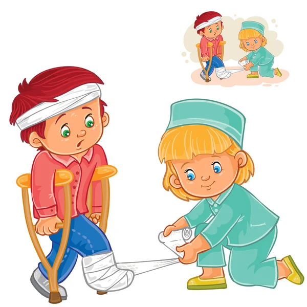 ベクトル少女松葉杖で小さな男の子に脚をバンディング看護師 — ストックベクタ