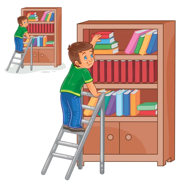 Векторний маленький хлопчик стоїть на драбинах і кладе книжки в книжкову шафу . — стоковий вектор