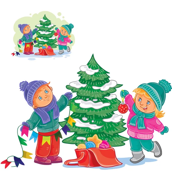 Vector little boy and girl decorating a Christmas tree with balls and garlands. — Stock Vector