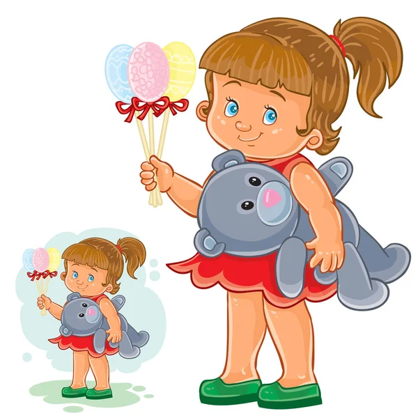 Vektor kleines Mädchen hält in der einen Hand dekorative Ostereier auf Stöcken, in der anderen Teddybär. — Stockvektor