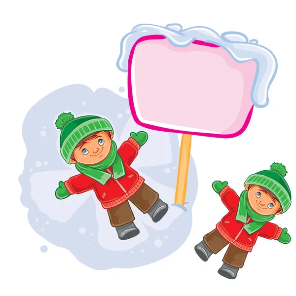 Vector pequeño niño acostado en la nieve y haciendo un ángel de nieve . — Vector de stock