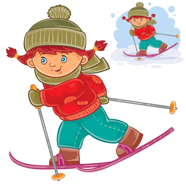 Vector illustration of a little girl skiing — Stock Vector