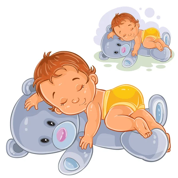 Vector pequeño bebé en un pañal dormido, dormitando sobre un oso de peluche . — Vector de stock