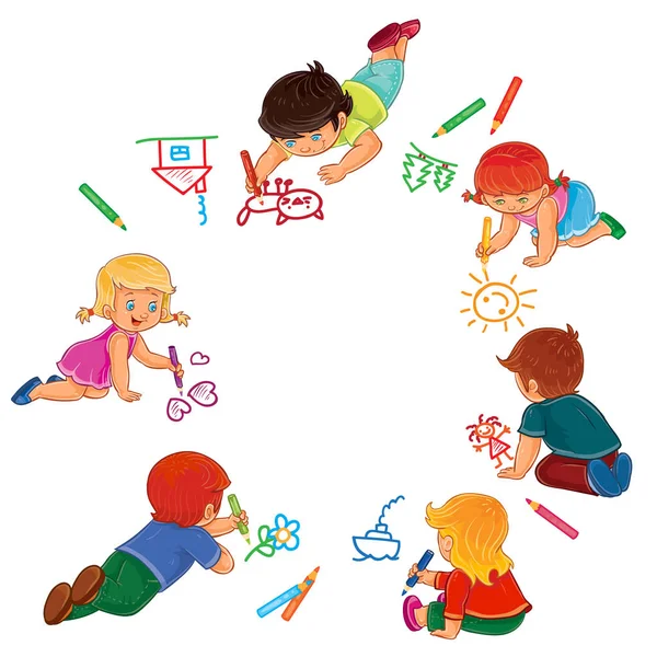 Vector niños y niñas dibujan con lápices de colores . — Vector de stock