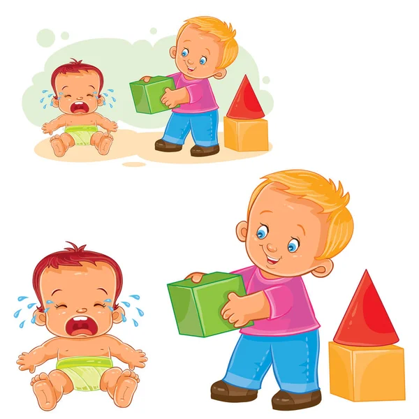Pequeño bebé llorando mientras un hermano mayor quiere consolarlo y le da su cubo . — Vector de stock